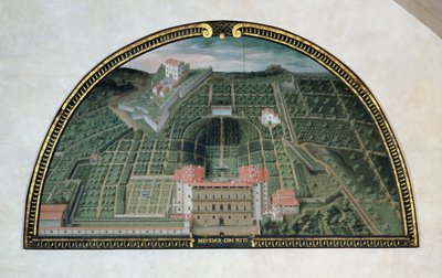 Fort Belvedere und der Pitti-Palast aus einer Serie von Lünetten mit Ansichten der Medici-Villen, 1599 von Giusto Utens